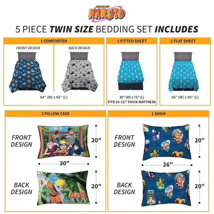 Juego de edredón y sábanas supersuaves de anime de Naruto de Franco con funda de almohada, 5 piezas, tamaño individual