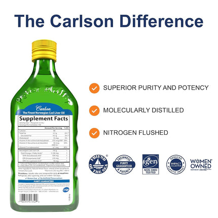 Carlson Labs Norwegian Natural Vitamin E Cod Liver Oil, Lemon, 500ml, Glass Bottle