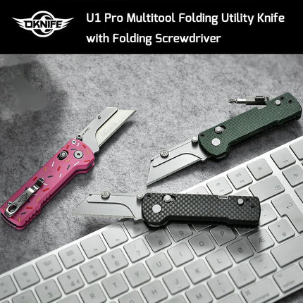 OKNIFE U1 Pro Multitool Folding Utility Knife with Folding Screwdriver, Quick Change Blade, Rail Lock & Pocket Clip for Men Women (Carbon Fiber Overlay)