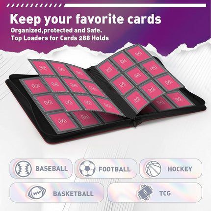 Toploader Binder,Trading Card Binder Storage Hold up 288 Cards 9-Pocket Top Loader Binder with Sleeves for 3"x4" Rigid Toploaders Hard Cases (9Oxblood Red)
