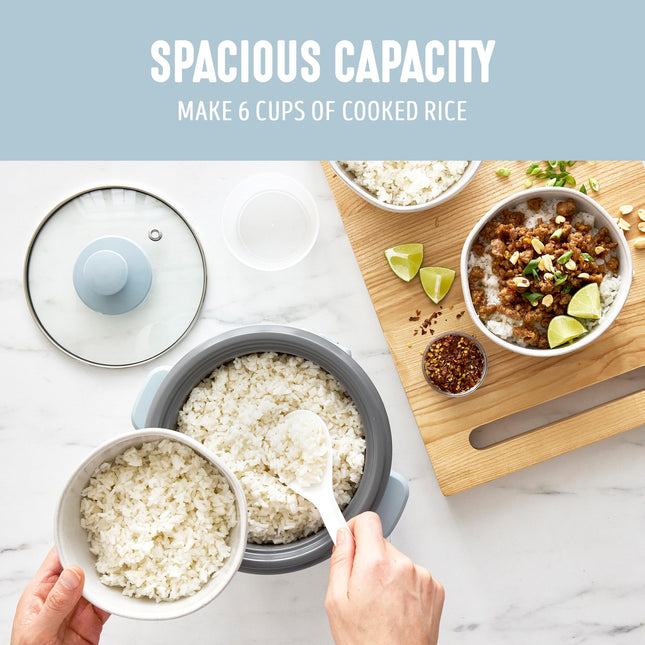 GreenLife Electric Rice Cooker, 3-Cups Uncooked/6-Cups Cooked, Removable PFAS-Free Nonstick Pot, One-Switch Design, Auto Keep Warm, Small Space Saving, Rice Paddle, Soup, Grains, Oatmeal, 1.5 QT, Blue