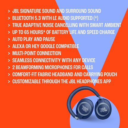 JBL Live 770NC - Casque sans fil circum-auriculaire avec réduction de bruit adaptative et mode Smart Ambient, jusqu'à 65 heures d'autonomie, arceau en tissu confortable et pochette de transport (sable)