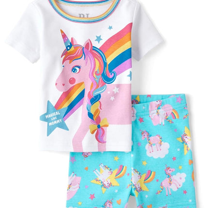 The Children's Place Baby Girls 2-Piece Pajama Set with Short Sleeve Top and Shorts, Rainbow Unicorn, 4 Years