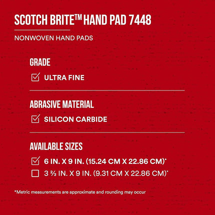 Scotch-Brite Ultra Fine Grade 7448 Hand Pad, Pack of 3, 6 in x 9 in Hand Pads, Nonwoven Silicon Carbide, Surface Preparation, Scuffing, and Cleaning, Gray