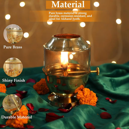 4OUR Faith Brass Akhand Jyot Diya with Glass Cover & Adjustable Wick
