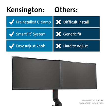 Kensington Smartfit Space Saving Dual Monitor Arm, Up To Two 27" Monitors