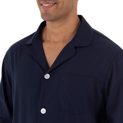 Fruit of the Loom Men's Long Sleeve Broadcloth Pajama Set, Navy, Large