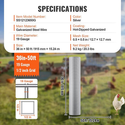 VEVOR Hardware Cloth, 1/2 inch 24in x 25 ft 19 Gauge, Hot Dipped Galvanized Wire Mesh Roll, Chicken Wire Fencing, Wire Mesh for Rabbit Cages, Garden, Small Rodents
