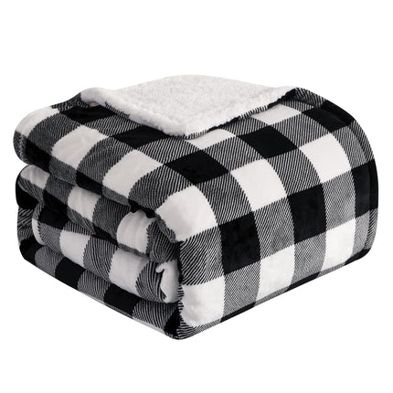 Elegant Comfort Ultra Soft Reversible Buffalo Plaid Flannel Sherpa Blanket - Cozy Silky Checkered Fleece Throw for Couch, Bed - Plush Fuzzy Warm Winter Blanket for Gift, Twin XL, Black