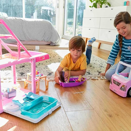 Barbie 3-in-1 DreamCamper Vehicle, Approx. 3-ft, Transforming Camper with Pool, Truck, Boat and 60 Accessories, Makes a Great 3 to 7 Year Olds