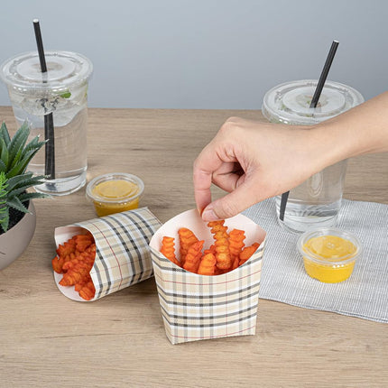 Bio Tek 4.5 x 3.2 x 3.9 Inch French Fry Cup, 100 Disposable Snack Cups - Stackable, Sustainable, Plaid Paper 3 Ounce Fry Holder, for Fries, Onion Rings, Popcorn, or Cookies - Restaurantware