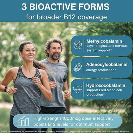 Super B12-Complex 1000mcg, High Absorption Sublingual Vitamin B12 in Three Bioactive Forms with Methylcobalamin, Vegan, 180 Tablets