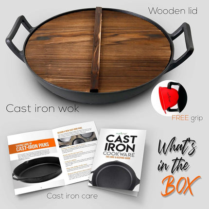 Nutrichef Pre-Seasoned Cast Iron Pan-5.5L Heavy Duty Non-Stick Chinese Wok or Stir Fry Skillet w/Wooden Lid, for Electric Stove Top, Induction, Large, Black