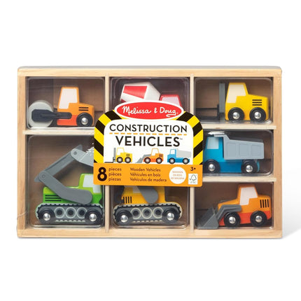 Melissa & Doug Wooden Construction Site Vehicles with Wooden Storage Tray (8 pcs) Construction Toys, Vehicle Toys, Cars for Toddlers and Kids Ages 3+