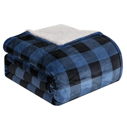Elegant Comfort Ultra Soft Reversible Buffalo Plaid Flannel Sherpa Blanket - Cozy Silky Checkered Fleece Throw for Couch, Bed - Plush Fuzzy Warm Winter Blanket for Gift, Twin XL, Blue