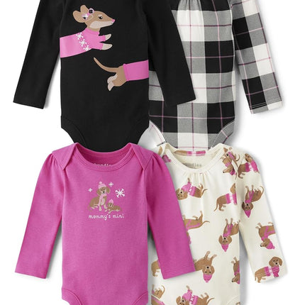 The Children's Place Ensemble de 4 bodys à manches longues pour bébés filles et nouveau-nés, automne fuchsia, 0-3 mois