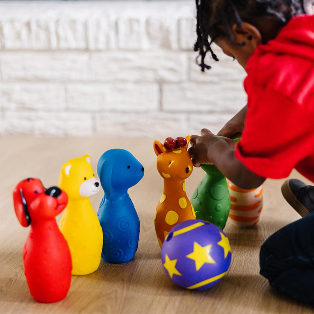 Melissa & Doug K's Kids Bowling Friends Play Set and Game with 6 Pins and Convenient Carrying Case - Indoor Outdoor Bowling Set, Soft Plastic Animal Bowling Pins, Toddler Bowling for Ages 2+