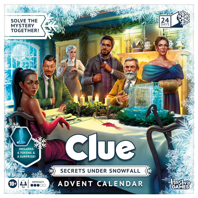 Clue Advent Calendar: Secrets Under Snowfall | 24 Days | Family Mystery Games | with 6 Winter-Themed Tokens and Surprise | Ages 10+ | 1+ Players