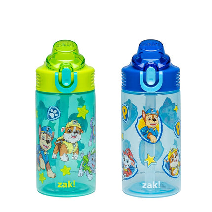 Gourde Zak Designs Pat' Patrouille pour enfants, pour l'école ou les voyages, bouteille d'eau en plastique durable de 473 ml avec paille, poignée et couvercle de bec verseur anti-fuite et rétractable, lot de 2 (Chase et ses amis)