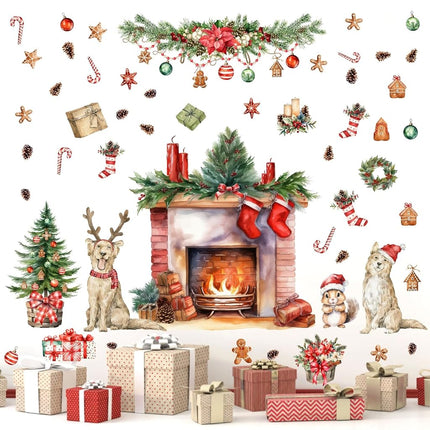 Christmas Wall Decals Merry Christmas Wall Stickers Fireplace Stickers Christmas Pine Tree Decals for Wall Removable Winter Animals Wall Art Decals for Christmas Party Supplies Living Room Home Decor