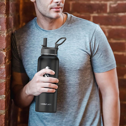 Water Bottle 32 oz Insulated with Straw, Coolflask Stainless Steel Metal 3 Lids Water Flask Wide Mouth for Sports or Office, Non-BPA Keep Cold Up to 48 Hrs or Hot Up to 24 Hrs, Ombre Black/Gray