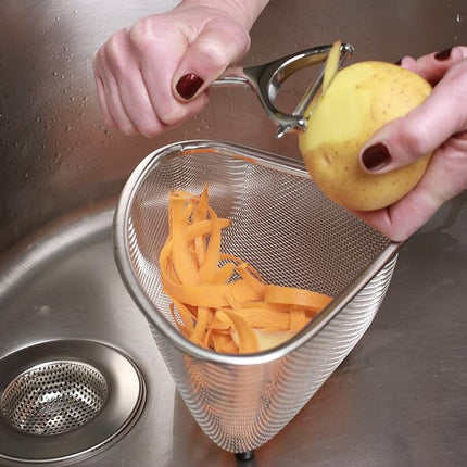 RSVP International Endurance® in-Sink Mesh Colander Strainer Basket, 3 Quart | Organize Sponges, Collect Food Scraps | Dishwasher Safe | Small Corner Basket | Steaming, Draining & Rinsing