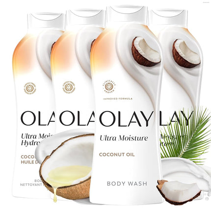 Jabón Corporal Olay Ultra Humectación Coconut Oasis, para una Piel Suave y de Aspecto Saludable, Sin Parabenos, 2.6 L en Total (4 unidades de 650 ml cada una)