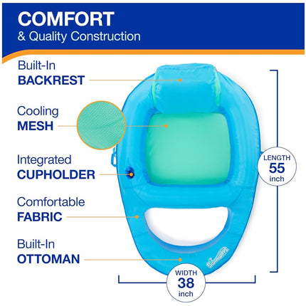 SwimWays Spring Float Premium Recliner Pool Lounger, Inflatable Pool Floats Adult with Fast Inflation for Ages 15 & Up, Sky Blue