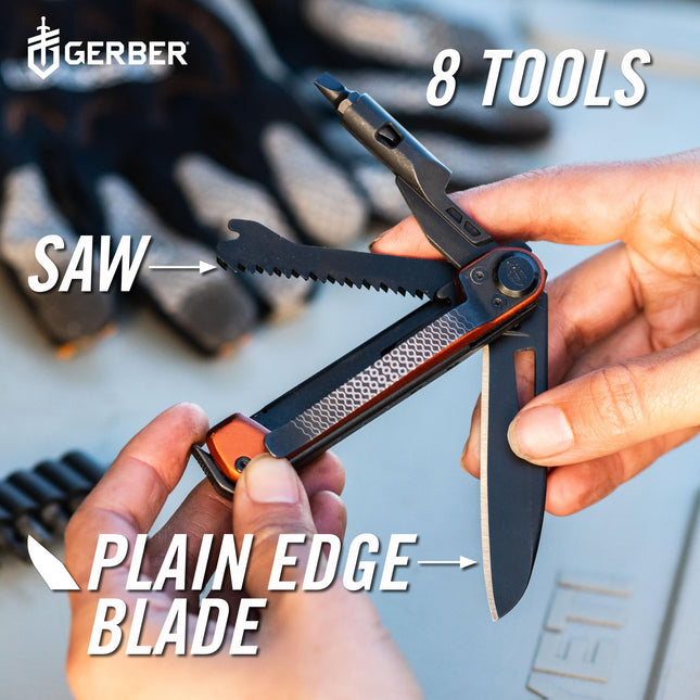 Gerber Gear Armbar Trade Cuchillo de bolsillo 8 en 1 Multiherramienta EDC con hoja, palanca y martillo para camping, Naranja quemado
