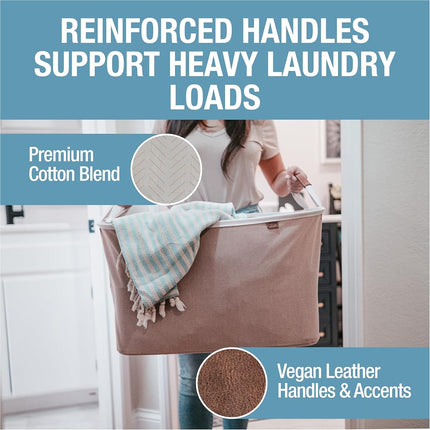 CleverMade Collapsible Fabric Laundry Basket - Premium Foldable Pop Up Storage Bin - Space Saving Hamper with Side Handles Large, Cream Herringbone, 2 Pack