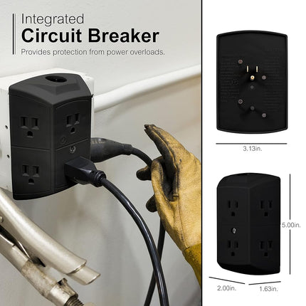 GE 6-Outlet Extender, Grounded Wall Tap, Reset Button, Circuit Breaker, Adapter Spaced Outlets, 3-Prong, Quick and Easy Install, UL Listed, White, 56575