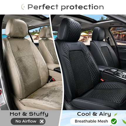 Coverado Seat Covers Full Set, 5 Seats Universal Seat Covers for Cars, Waterproof Breathable Faux Leather and Woven-Fabric Seat Cushions for Front and Rear, Auto Interiors for Most Vehicles-Black