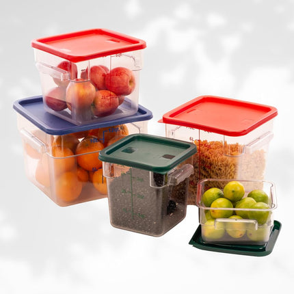 FSE Square Food Storage Container with Red Lid, 6 Quart, Polycarbonate, Reusable, Clear, NSF