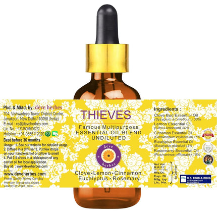 Deve Herbes Thieves Multipurpose Undiluted Essential Oil Blend 100ml (3.38 oz) with Pre-Diluted Ready-to-Use Roll-on 10ml (0.33 oz)