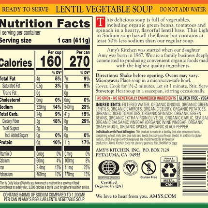Amy's Organic Soups, Light in Sodium Lentil Vegetable, 14.5 Ounce (Pack of 12)