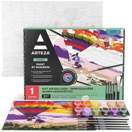 Arteza Paint by Number for Adults, 12x16 Inches, 21 Pieces, Hot-Air Balloon Paint by Numbers Kit, Comes with 1 Canvas Panel, 12 Acrylic Paint Pots, 5 Paintbrushes, Art Supplies for Home & Office Decor