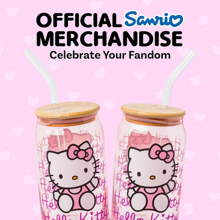 Silver Buffalo Hello Kitty Glass Jar Tumbler with Bamboo Lid, 16oz