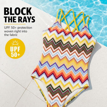 Kanu Surf Girls' Reese UPF 50+ Beach Sport Criss-Cross One Piece Swimsuit, Nina Yellow Multi, 14