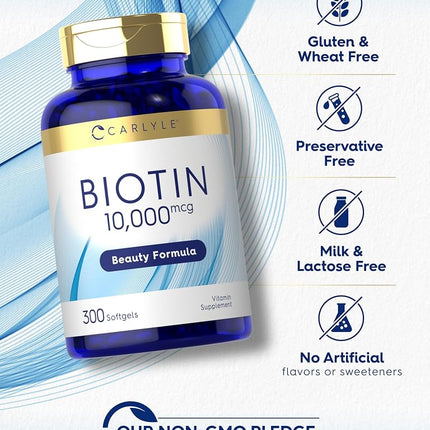 Carlyle Biotin 10000mcg | 300 Softgels | Max Strength | Non-GMO, Gluten Free Supplement | by