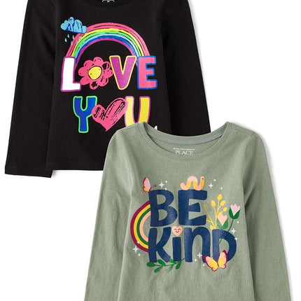 The Children's Place Baby Toddler Girl Short Sleeve Graphic T-Shirt 3-Pack, Be Kind/Love You, 2T