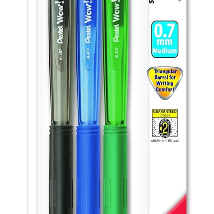 Pentel Wow Mechanical Pencil, 0.7mm, Assorted Barrels, 3 Pack (AL407BP3M) by Pentel