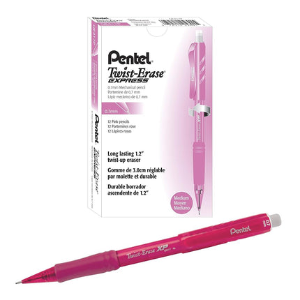 Pentel Twist-Erase EXPRESS Mechanical Pencil 0.7mm, Pink Barrel , Box of 12 (QE417P)