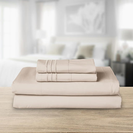 Elegant Comfort Luxurious 1500 Premium Hotel Quality Microfiber Three Line Embroidered Softest 4-Piece Bed Sheet Set, Wrinkle and Fade Resistant, King, Cream