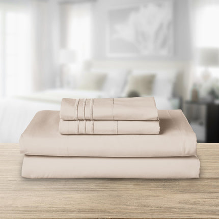Elegant Comfort Luxurious 1500 Premium Hotel Quality Microfiber Three Line Embroidered Softest 4-Piece Bed Sheet Set, Wrinkle and Fade Resistant, King, Cream
