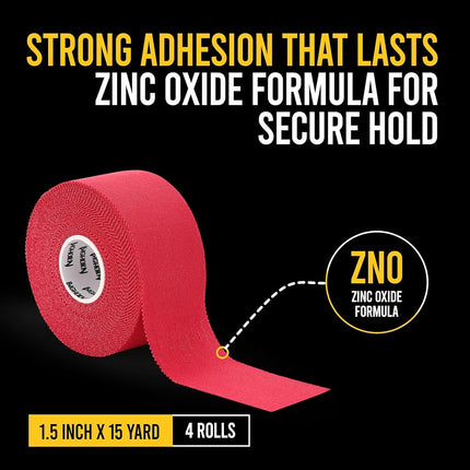 Bighorn Athletics Sports Tape | EZ-Tear Red Athletic Tape for Wrist, Hand, Ankle & Foot Support | Zinc Oxide Infused & Latex-Free Adhesive, Breathable Cotton Fabric, 1.5-Inch x 45-Feet, 4 Rolls, Red