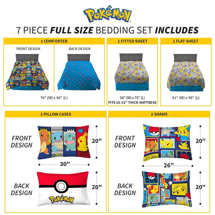 Franco Kids Bedding Super Soft Comforter and Sheet Set with Sham, 7 Piece Full Size, Pokemon