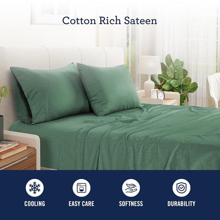 Izod - Melange Performance Cotton Sheet Set, Heavy Duty & Long Lasting Fabric, Deep Pockets, 300 Thread Count, King/Deep Forest