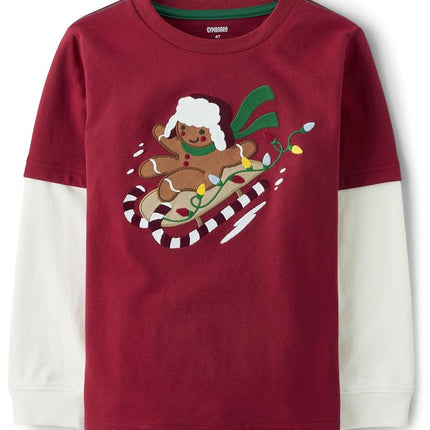 Gymboree Boys and Toddler Embroidered Graphic Long Sleeve Layered T-Shirts, Gingerbread Sleigh, 18-24 Months