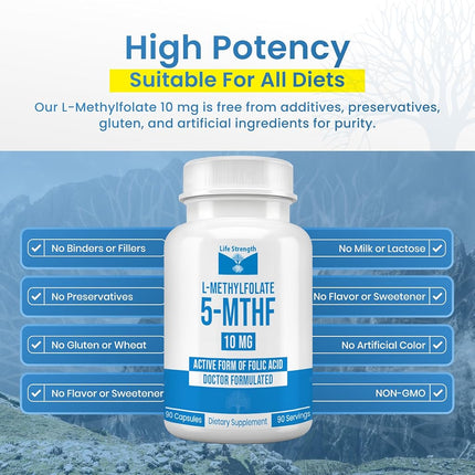 Life Strength 10 MG L-Methylfolate Maximum Potency Bioavailability – 5-MTHF Methyl Folate Immunity Boost 90 Capsules