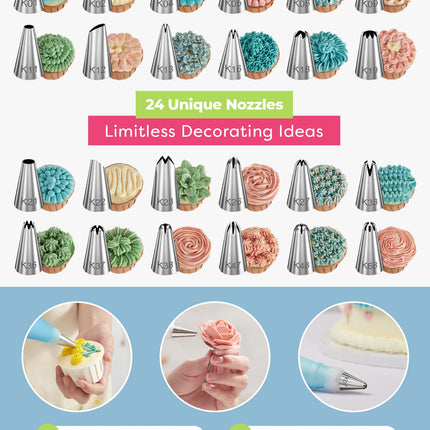 Kootek Ensemble de 32 poches à douille et embouts avec 24 embouts de glaçage, 2 poches à pâtisserie réutilisables de 30 cm, poches à douille et embouts de glaçage réutilisables, kit de décoration de gâteaux pour glaçage de biscuits, cupcakes